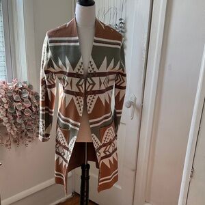 Aztec Pattern Long Cardigan Sweater - Rust, Olive & Cream
